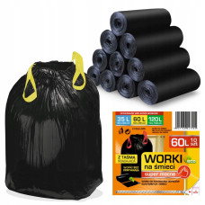 Пакети для сміття зі стрічкою 60л міцний LDPE чорні 10 шт